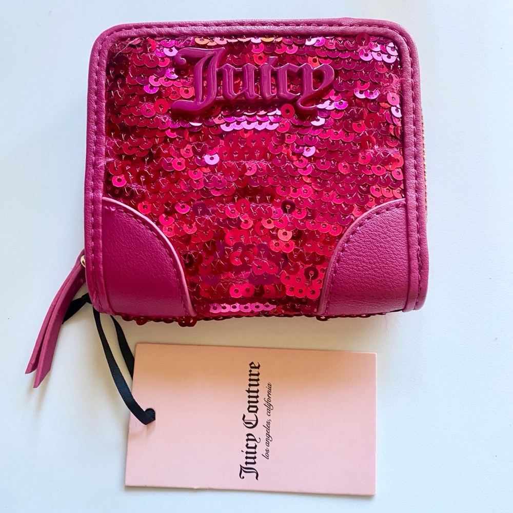 NWT Juicy Couture Sequin Zip Around Bifold Wallet Magenta